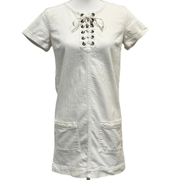 Sezane Ecru Giulia Denim Shift Dress French Country Coastal Rustic Boho Preppy - Picture 2 of 11